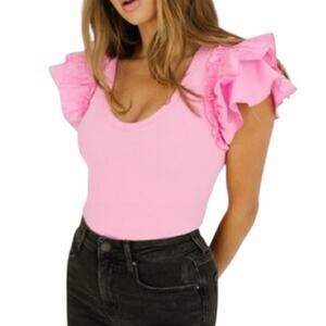 Day+Moon Women's Medium Solid Pink Short Sleeve Ruffle V-Neck Bodysuit